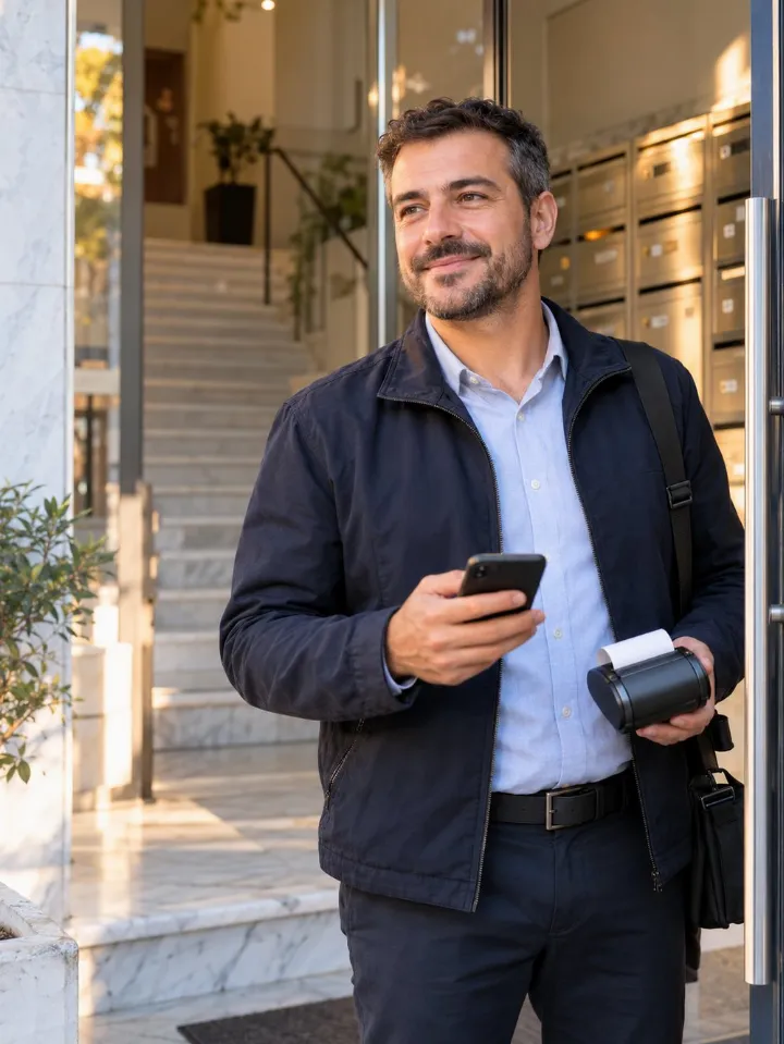 Εισπράκτορας στην είσοδο πολυκατοικίας με κινητό και φορητό εκτυπωτή αποδείξεων